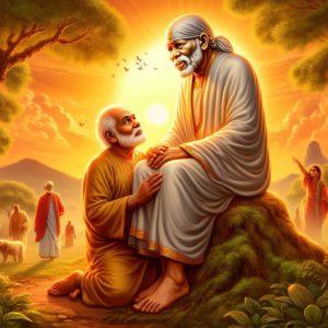 Sai Baba sitting with His devotee while sun is setting casting golden hue on their faces discussing about the Absolute